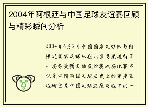 2004年阿根廷与中国足球友谊赛回顾与精彩瞬间分析