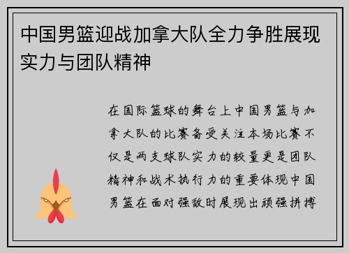 中国男篮迎战加拿大队全力争胜展现实力与团队精神