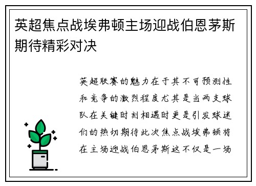 英超焦点战埃弗顿主场迎战伯恩茅斯期待精彩对决