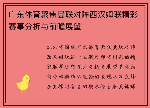 广东体育聚焦曼联对阵西汉姆联精彩赛事分析与前瞻展望
