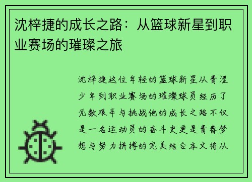 沈梓捷的成长之路：从篮球新星到职业赛场的璀璨之旅