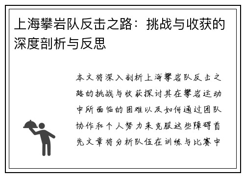 上海攀岩队反击之路：挑战与收获的深度剖析与反思