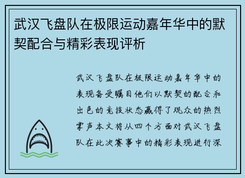 武汉飞盘队在极限运动嘉年华中的默契配合与精彩表现评析