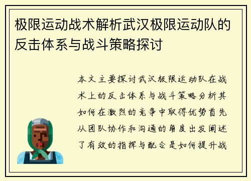 极限运动战术解析武汉极限运动队的反击体系与战斗策略探讨