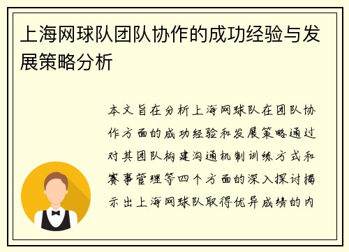 上海网球队团队协作的成功经验与发展策略分析